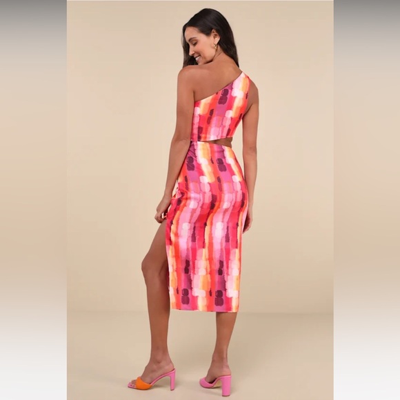 Lulus Luminous Vibes Hot Pink Abstract One-shoulder Cutout Midi Dress - Size S - Picture 3 of 8
